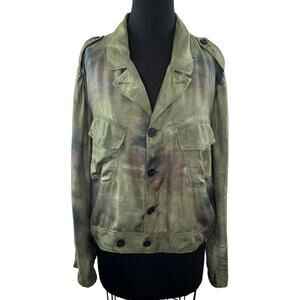 Raquel Allegra Silk Twill Green Blue Brown Tie-Dye Military Jacket Relaxed 3 L